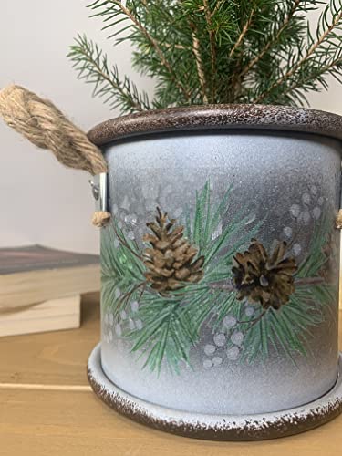 Christmas Houseplant Pot - Tin Drum 'Cones and Berries' - 14cm Diameter