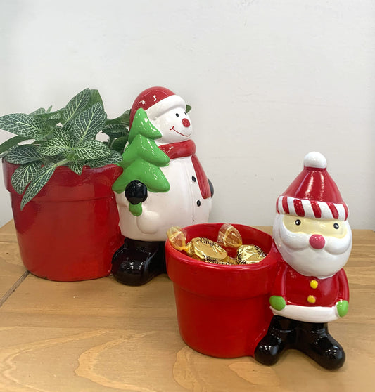 Christmas Decorations - Santa and Snowman Planter Set